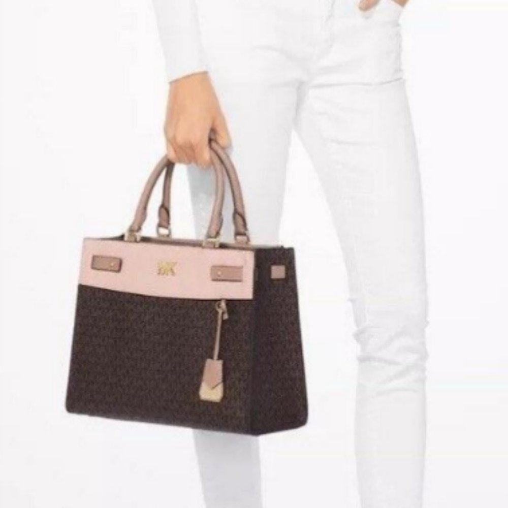 Michael Kors Reagan Large Satchel Signature Brown Soft Pink Fawn Coated Twill - Picture 8 of 11